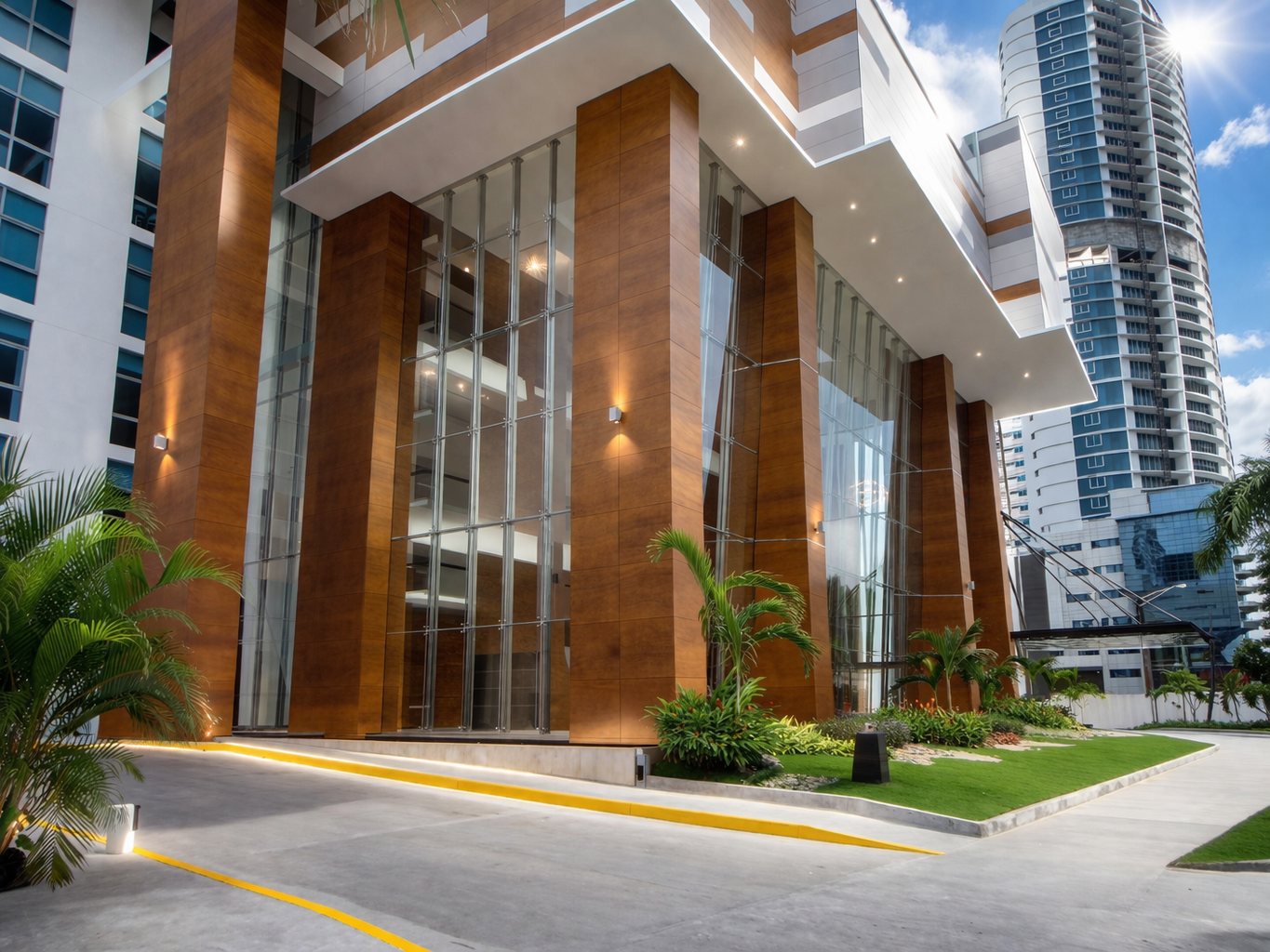 Modern building with glass and wood facade by AXIUM